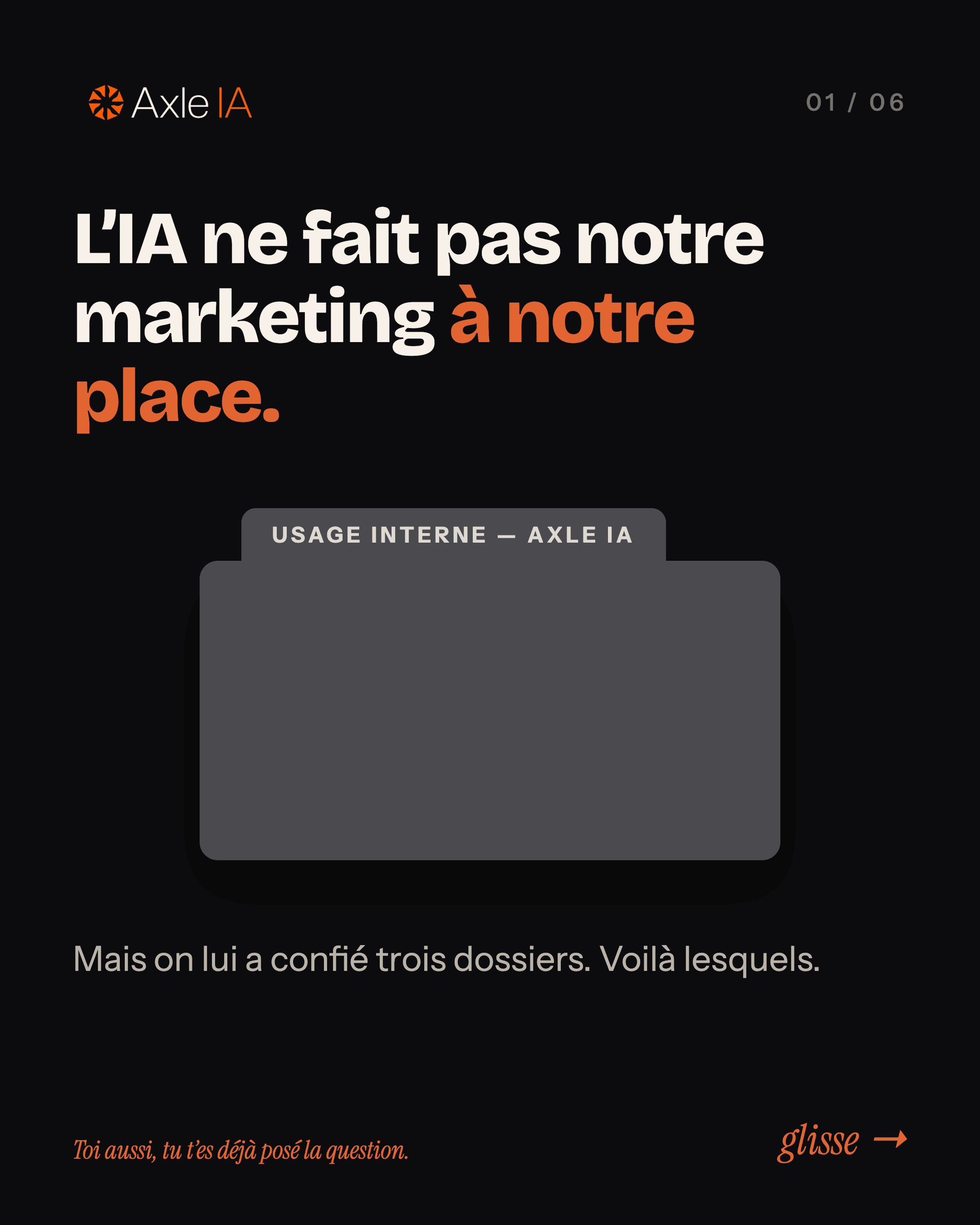 La même couverture sur fond noir : le dossier n'est qu'un rectangle gris sans relief, posé au centre de la slide