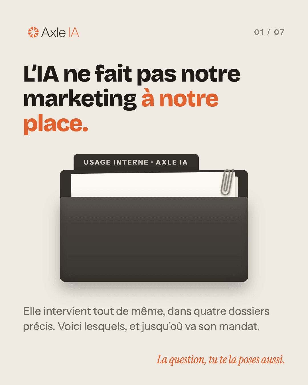 Slide de couverture beige : un dossier anthracite étiqueté « Usage interne · Axle IA », surmonté d'un titre en noir et orange