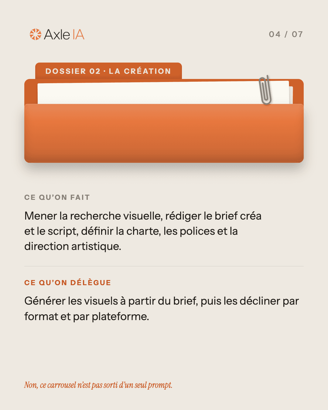 Un dossier orange ouvert, suivi de deux blocs de texte séparés par un filet : ce qu'on fait, ce qu'on délègue